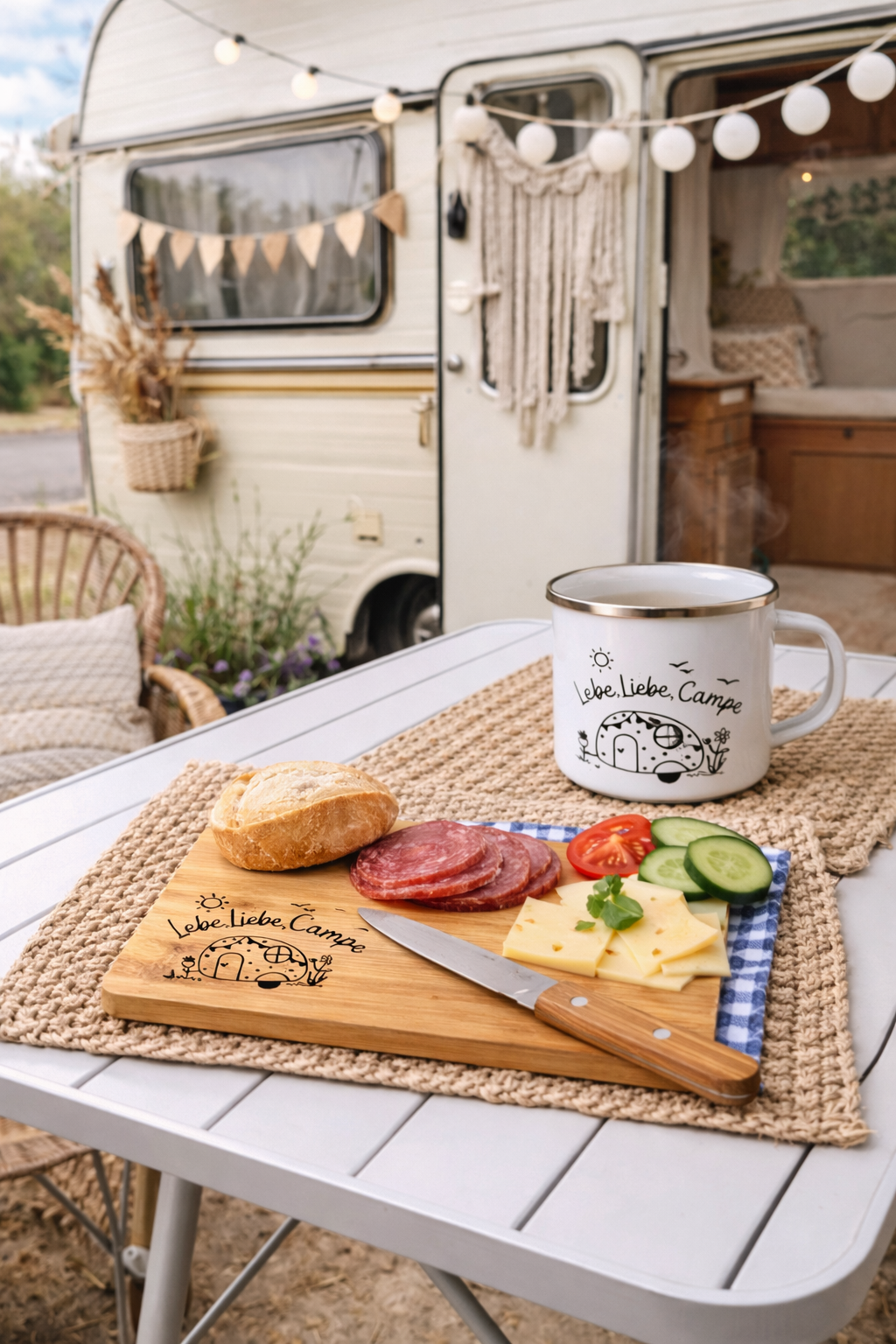 Frühstücksbrettchen Camping Wohnwagen personalisiert aus Bambus