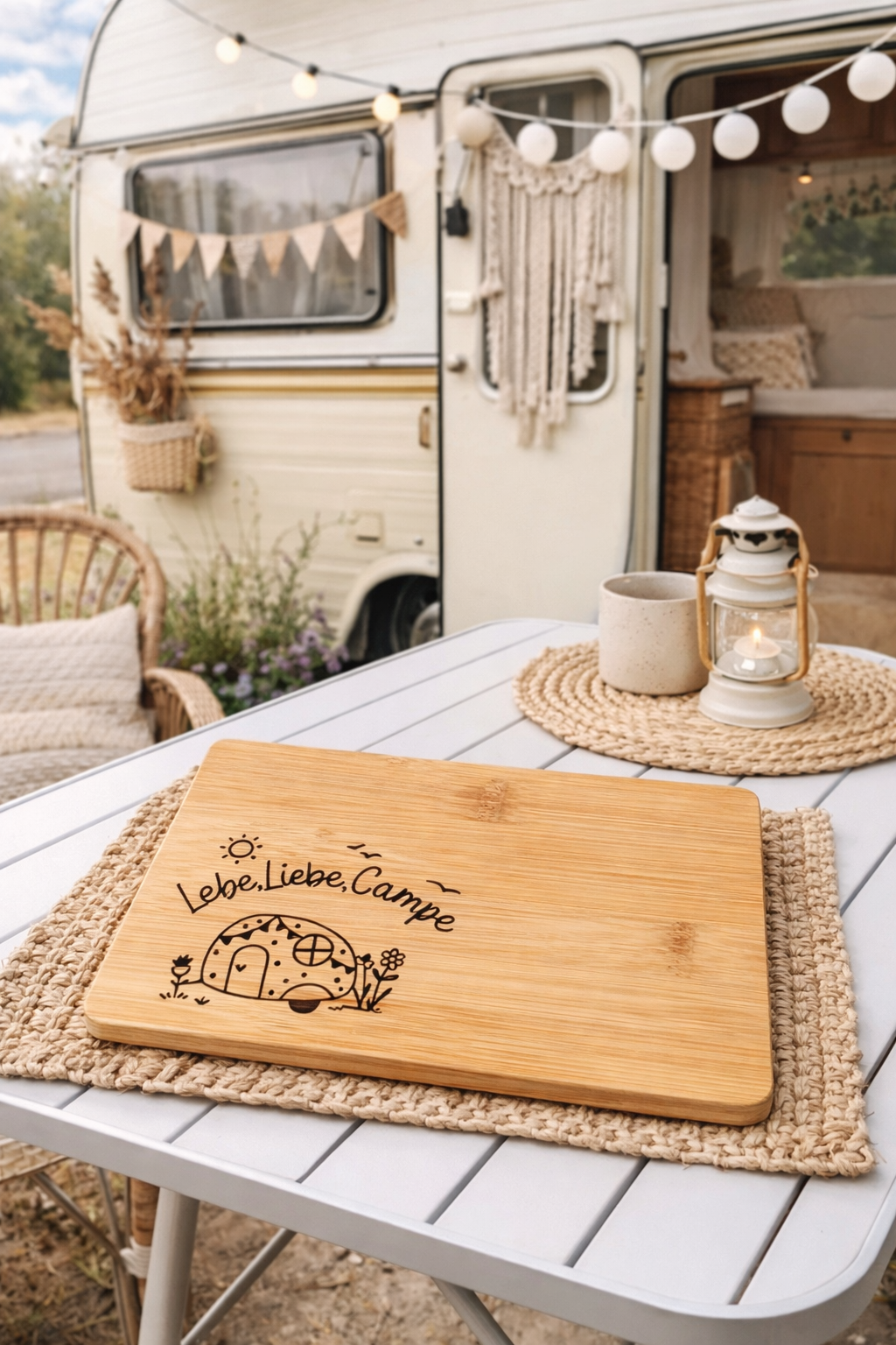 Frühstücksbrettchen Camping Wohnwagen personalisiert aus Bambus