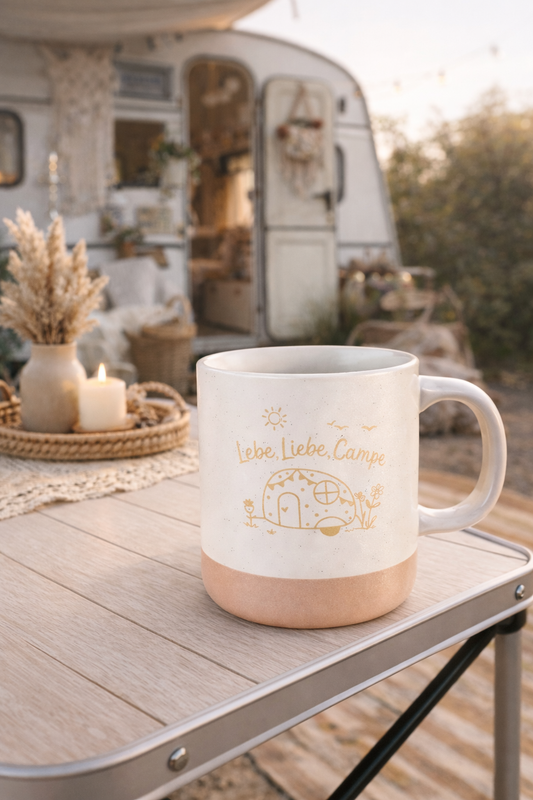 "Lebe, Liebe, Campe" Handgetöpferte Tasse Wohnwagen