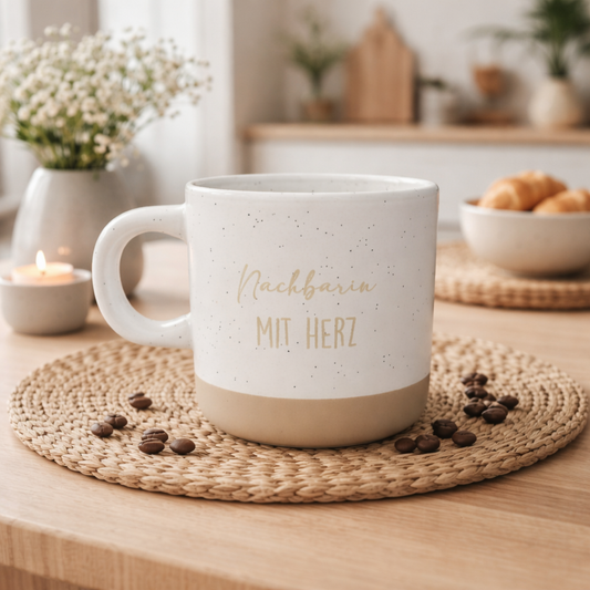 "Nachbarin mit Herz" Handgetöpferte Tasse