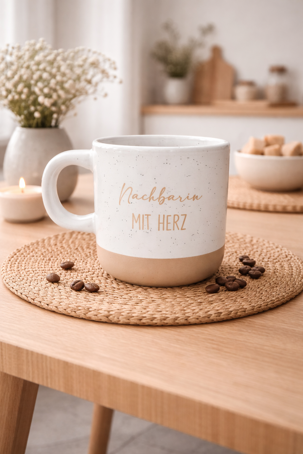 "Nachbarin mit Herz" Handgetöpferte Tasse